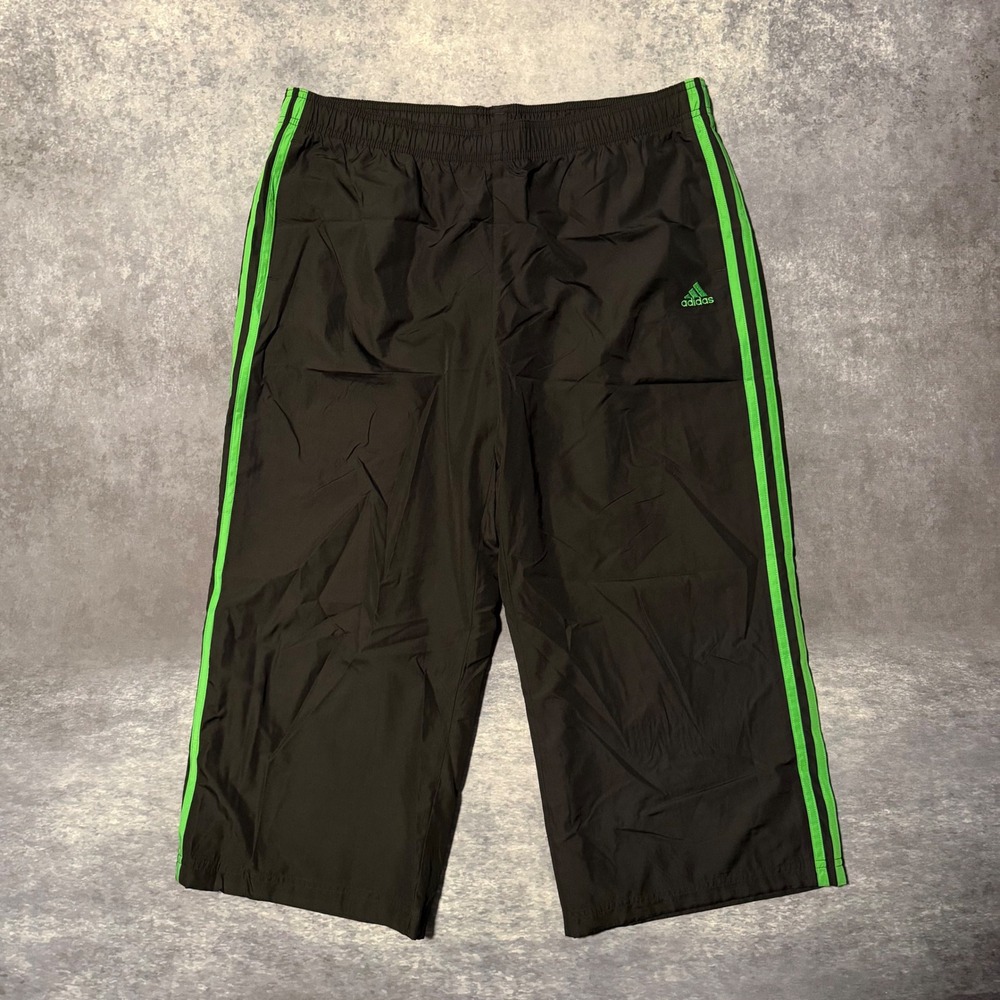 Adidas Men L Black Lime Green Stripe Nylon Windbreaker Cropped Track Pants Capri